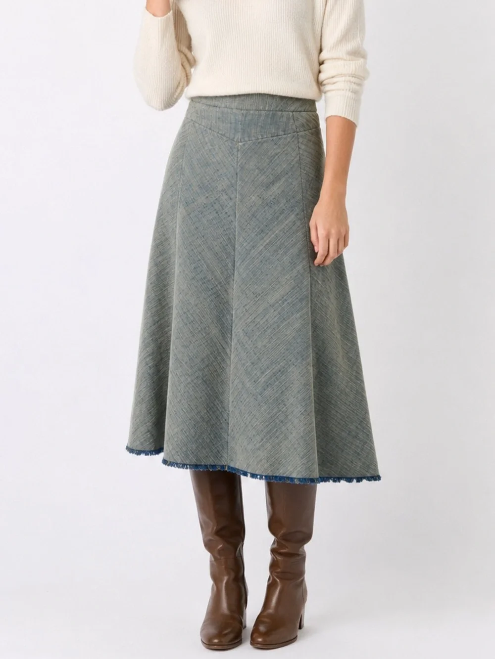 Vintage Talbots Blue Herringbone Midi A-Line Skirt Fringe Hem 12